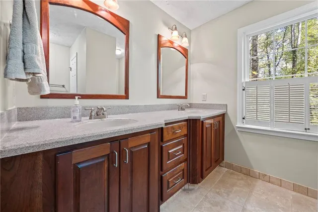 a view of outdoor space with signage and flags