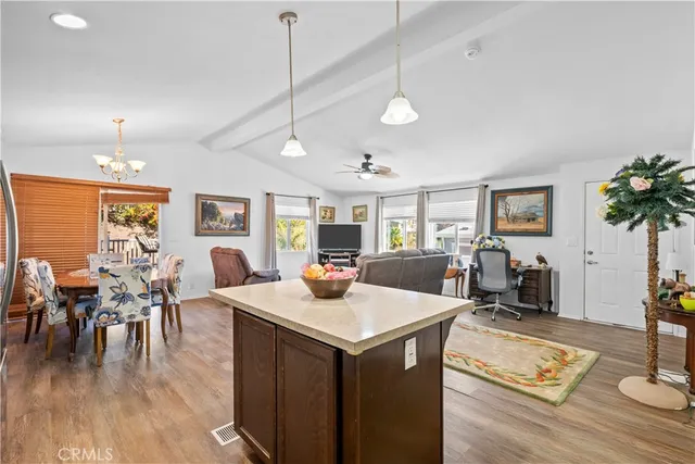 a living room with furniture a dining table and a potted plant