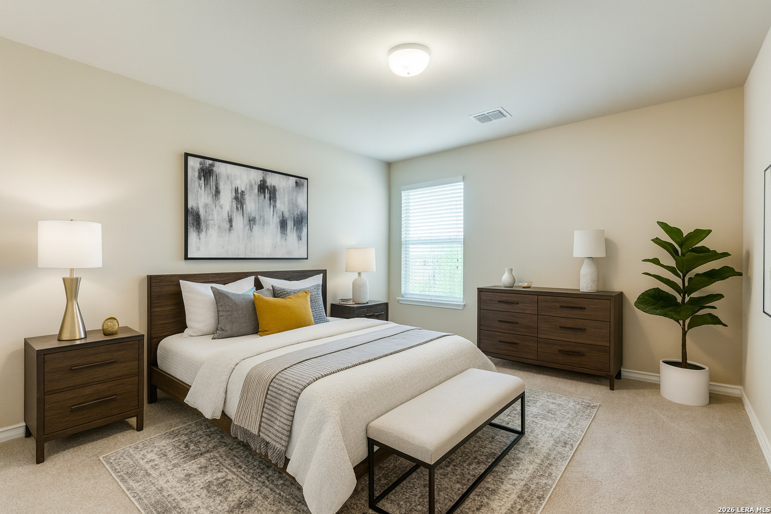7522 Rigel Chase San Antonio, TX 78252 - Photo 14 of 19 a bedroom with a bed potted plant and a dresser
