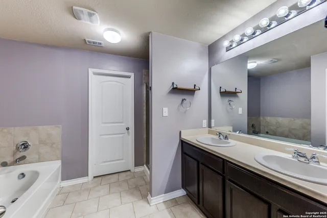 a bathroom with a sink double vanity and a bathtub