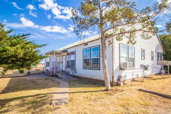 a view of a white house with a large tree