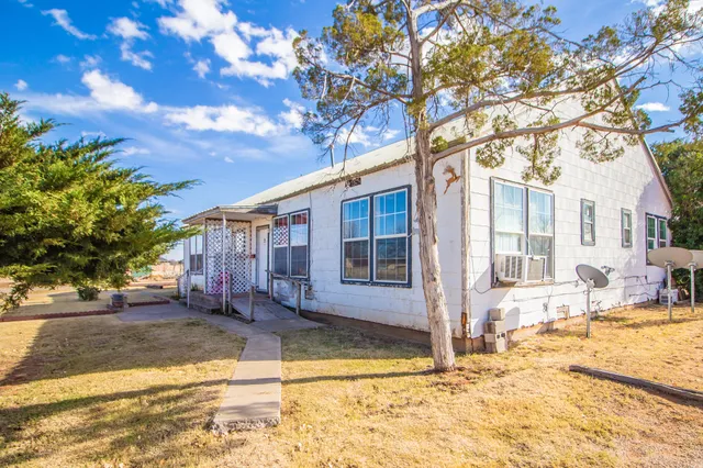 a view of a white house with a large tree