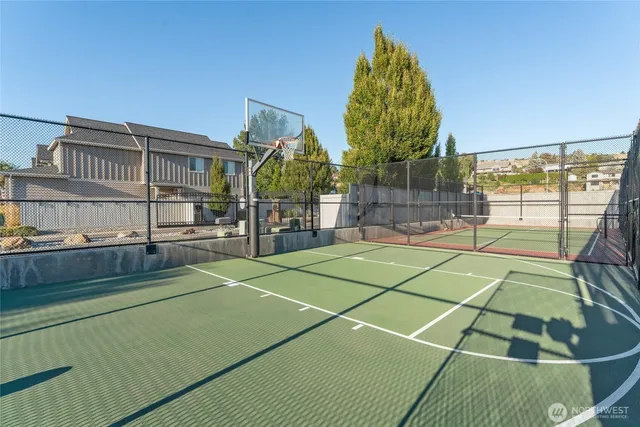 a view of a tennis ground with large trees