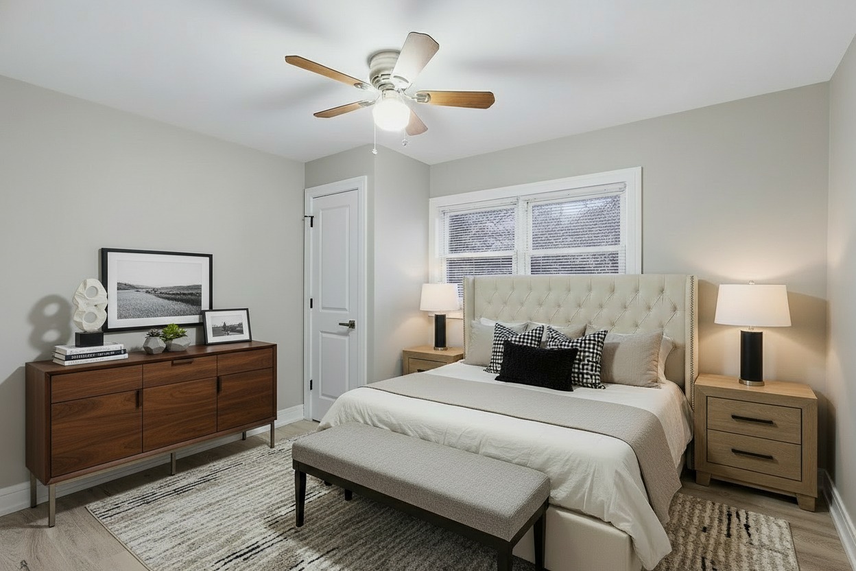 11250 South May Street Chicago, IL 60643 - Photo 7 of 22 a bedroom with a bed and a chandelier