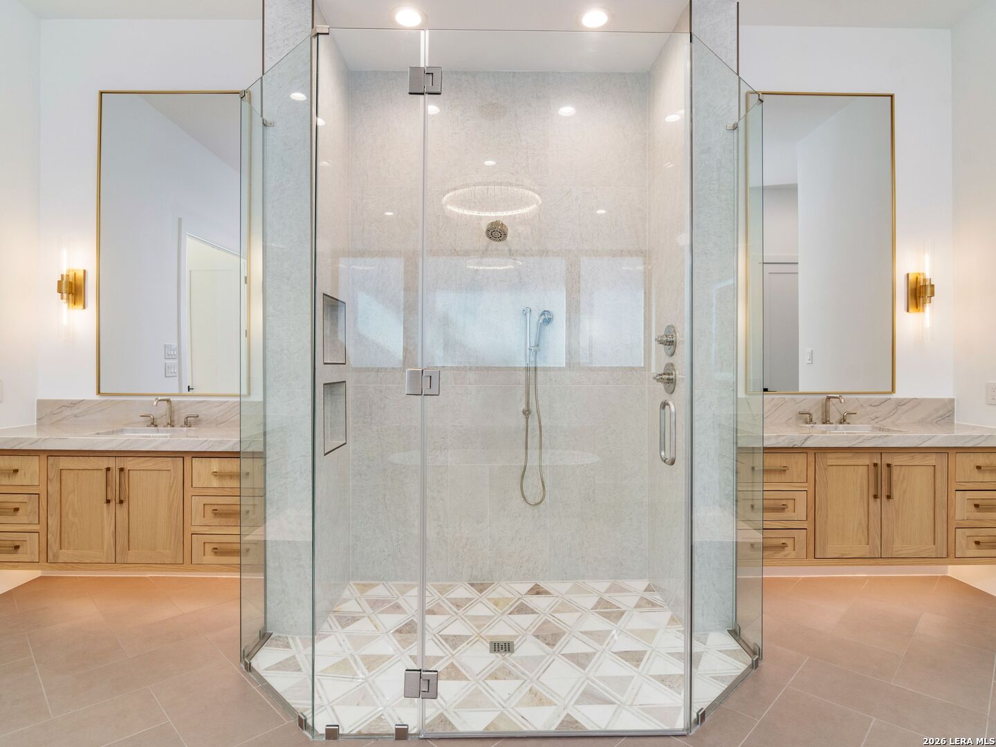 30 Paseo Rioja San Antonio, TX 78257 - Photo 31 of 70 a bathroom with a granite countertop sink mirror shower and double