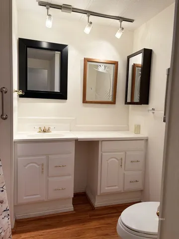 a bathroom with a toilet a sink a mirror and vanity