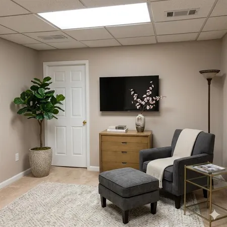 a living room with furniture and a potted plant