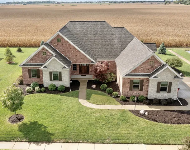 a view of a house with a big yard potted plants and large tree