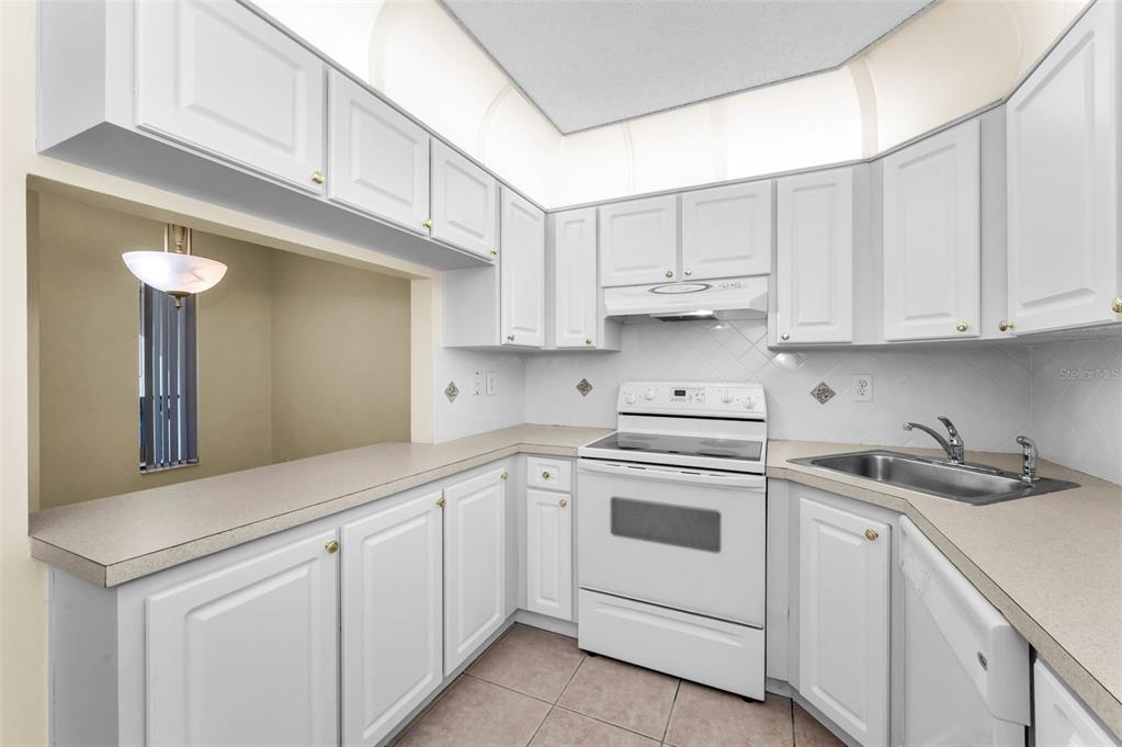 2687 Pine Ridge Way South, Unit F2 Palm Harbor, FL 34684 - Photo 28 of 62 a kitchen with white cabinets and white appliances