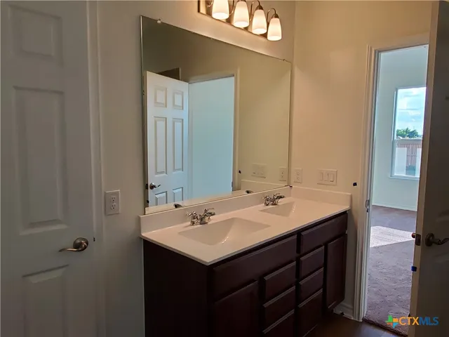 a bathroom with a sink and a mirror