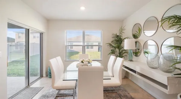 a view of a dining room with furniture window and outside view