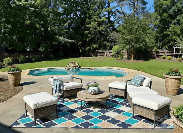 a view of a patio with swimming pool and furniture