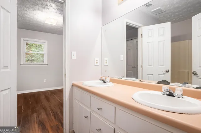 a bathroom with a sink double vanity and a mirror
