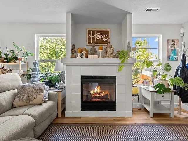 a living room with furniture a fireplace a potted plant and a fireplace