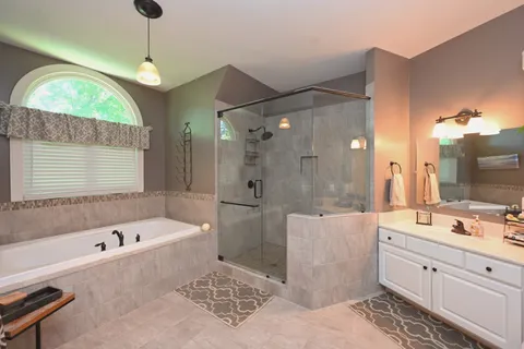 a aerial view of a house with a yard and potted plants