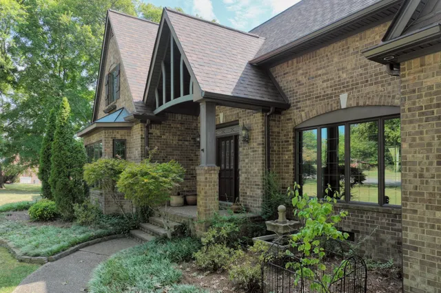 a view of a garden with large trees