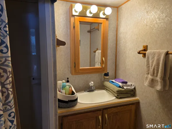 a bathroom with a sink vanity and a mirror