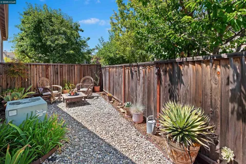 a view of a backyard with chairs and a flower pot