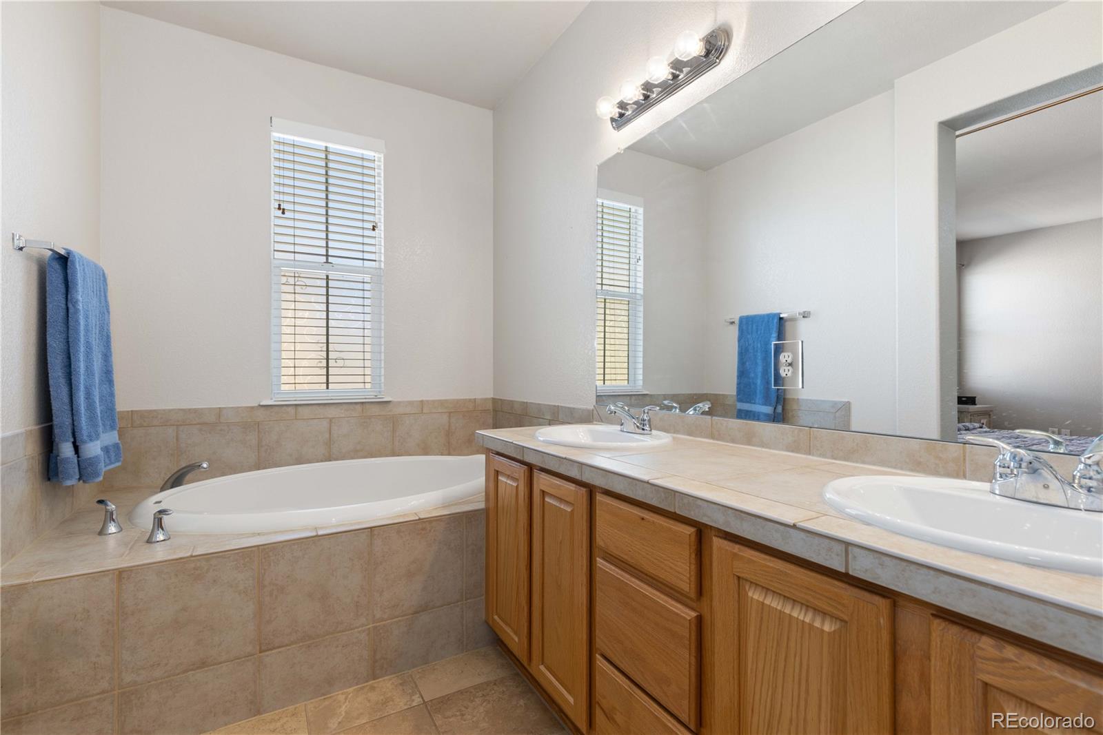 3454 Cascina Place, Unit D Highlands Ranch, CO 80126 - Photo 20 of 31 a bathroom with a granite countertop bathtub a sink and a large mirror
