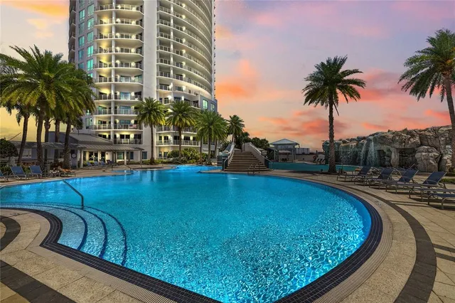 a view of a swimming pool with a lawn chairs and palm tree