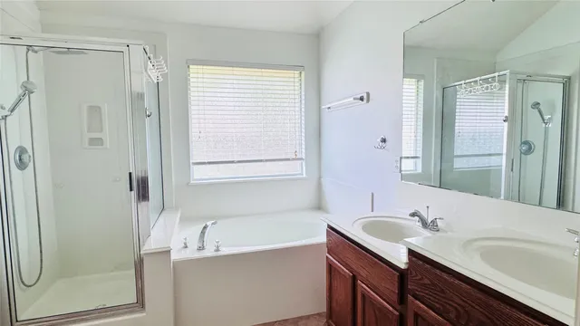 a bathroom with a tub sink and mirror