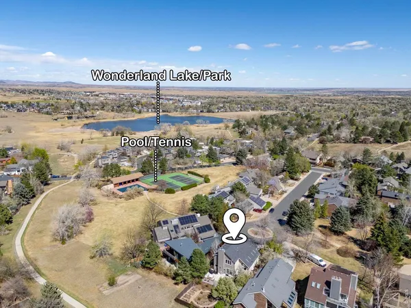 an aerial view of a swimming pool and outdoor space