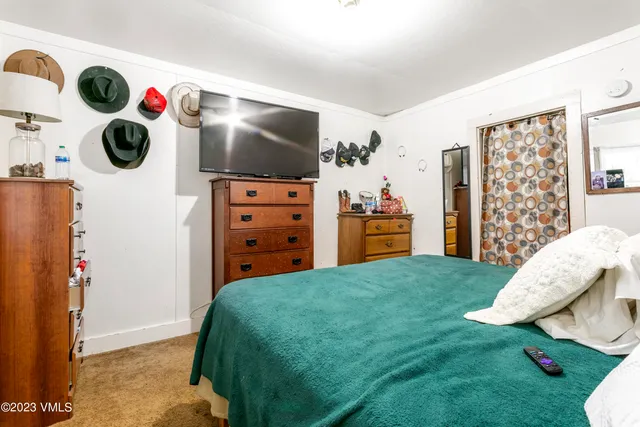 a living room with a bed and a flat screen tv