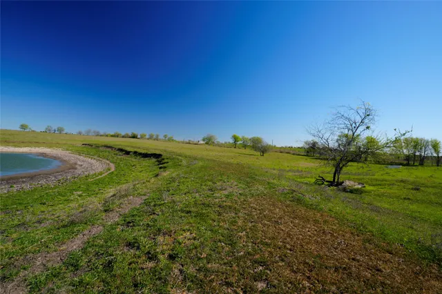 a view of a field with an trees in the background