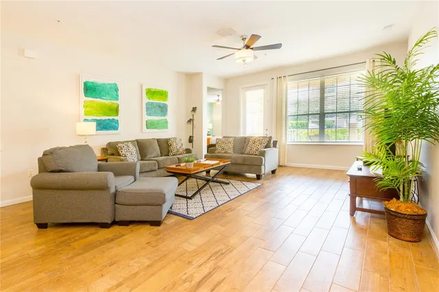a living room with furniture and a potted plant