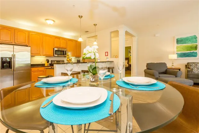 a view of a dining room with furniture