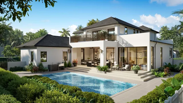 a front view of a house with lots of green space