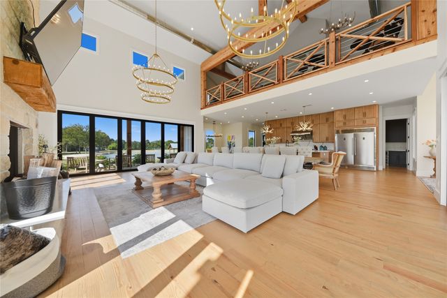 a living room with furniture and a table