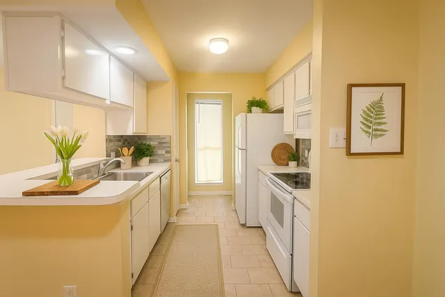 a kitchen with stainless steel appliances granite countertop a sink a stove and a refrigerator