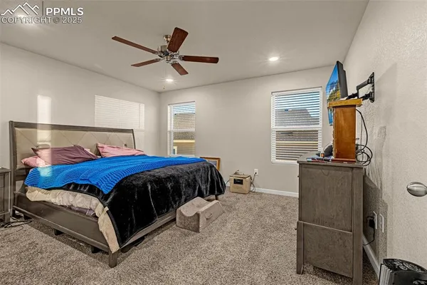 a bed room with a bed and a ceiling fan