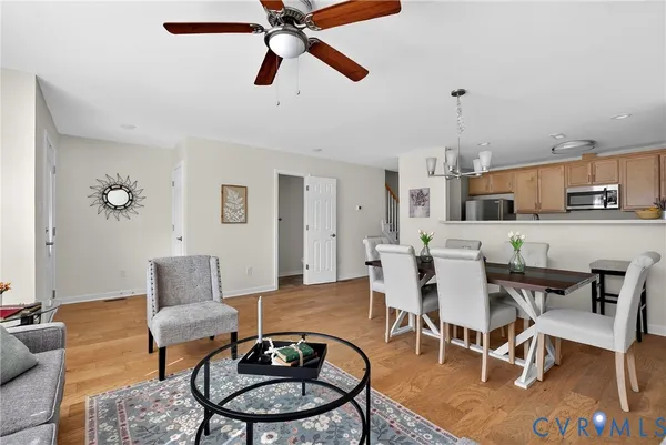 a view of a dining room with furniture