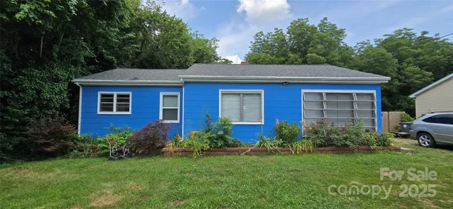 a view of a yard in front of a house with plants and large tree