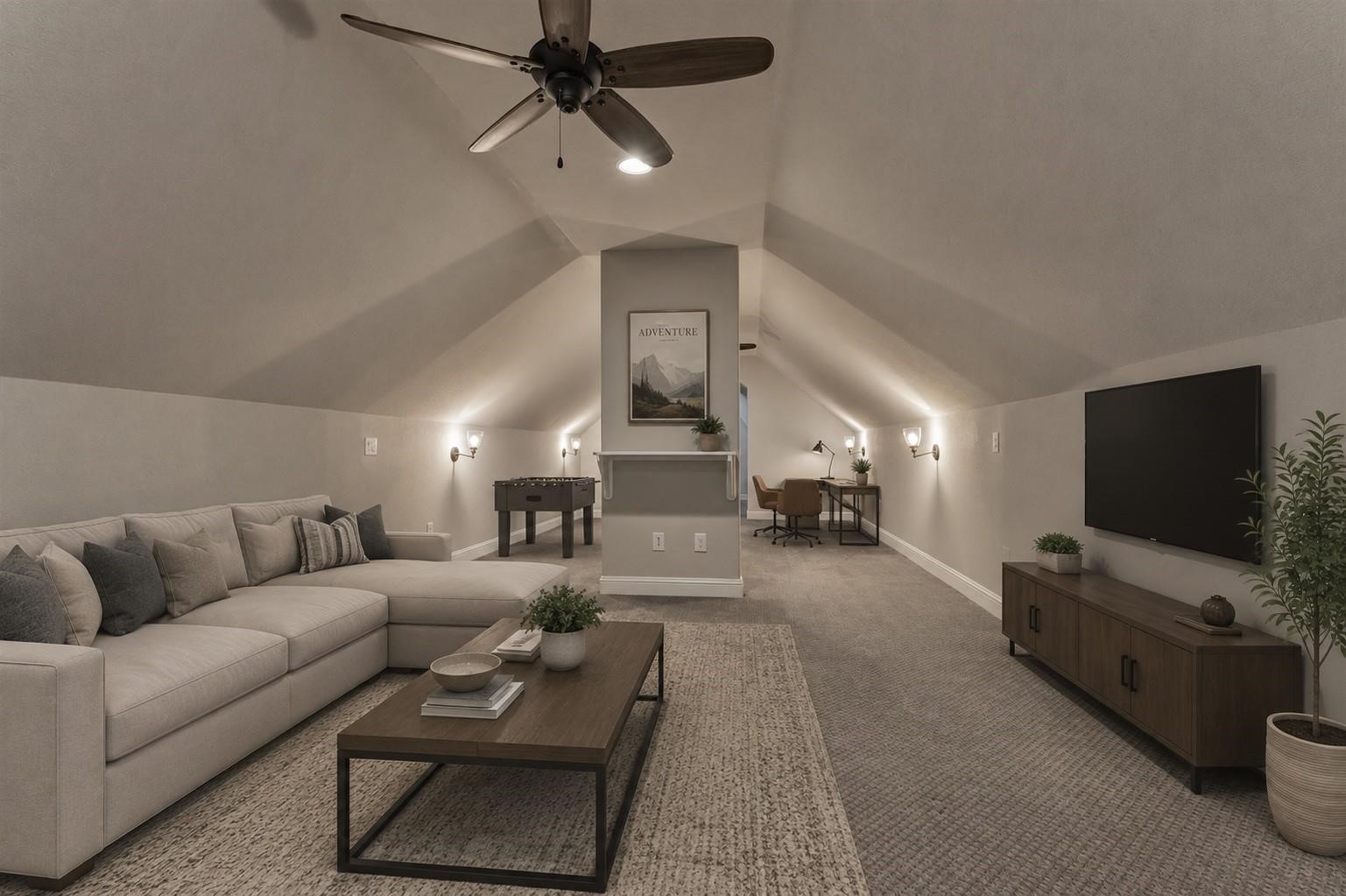 11618 Renaissance Drive Montgomery, TX 77356 - Photo 29 of 47 The upstairs game room has ceiling fans and wall sconces, creating a comfortable and inviting atmosphere. Virtually staged.
30. The upstairs bedroom features a built-in desk