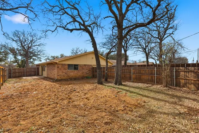 a view of backyard with a large tree
