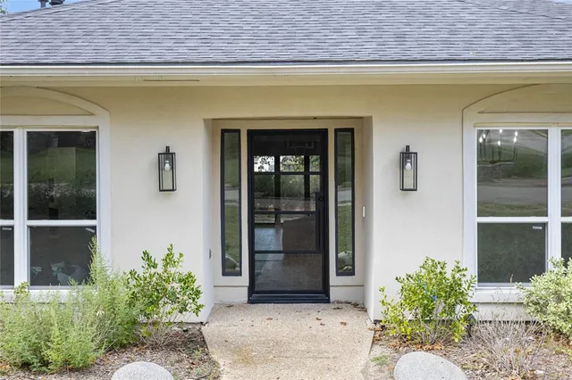 a couple of potted plants in front of door