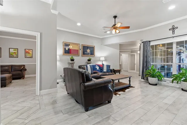 a living room with furniture and a potted plant