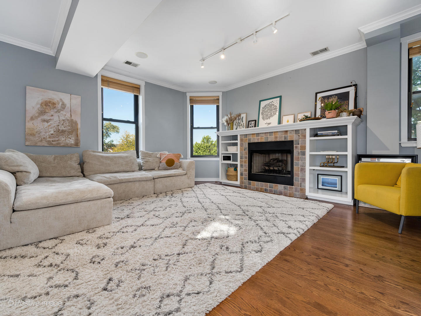 2075 North Oakley Avenue, Unit 3F Chicago, IL 60647 - Photo 10 of 24 a living room with furniture flat screen tv and a fireplace