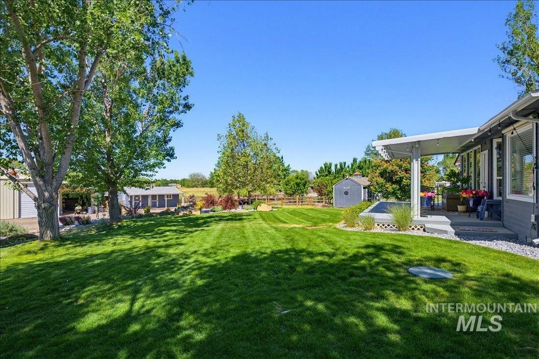 24623 Falcon Lane Caldwell, ID 83607 - Photo 27 of 40 Expansive rear yard featuring a large manicured lawn, established trees, and a covered patio structure