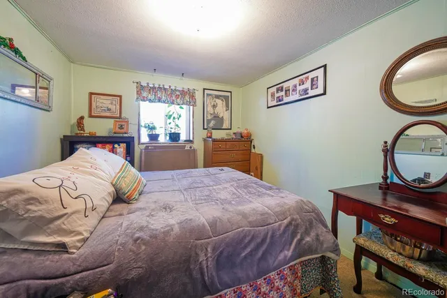 a bedroom with a large bed and a dresser