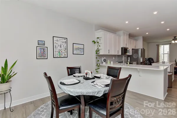 a view of a dining room with furniture