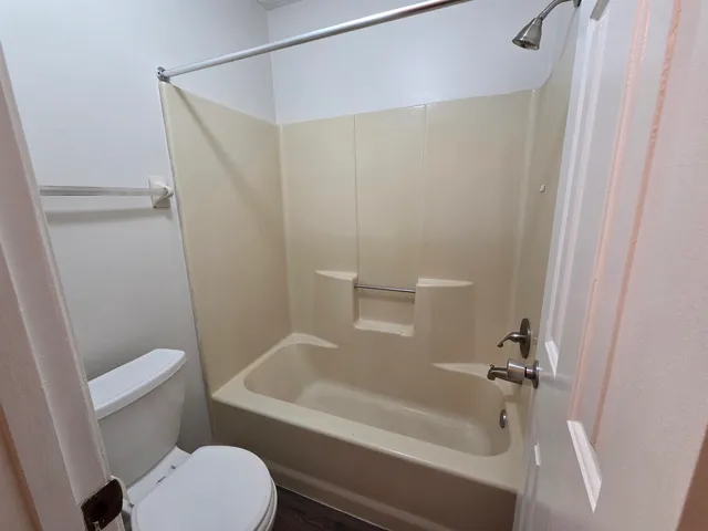 a bathroom with a shower and a toilet