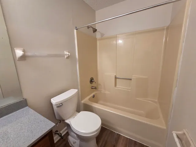 a white toilet sitting next to a bath tub