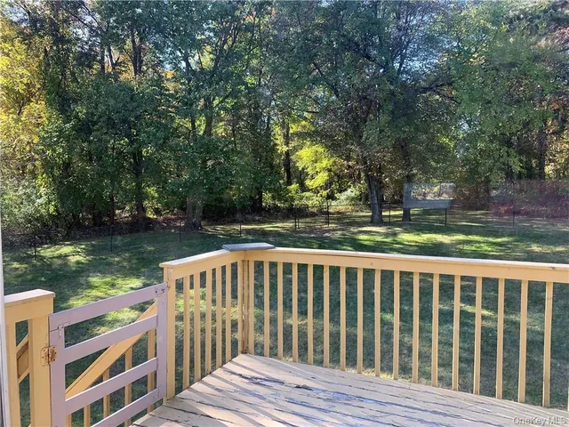 a view of backyard with deck and trees