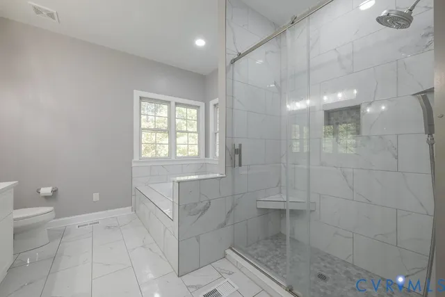 a bathroom with a granite countertop sink a toilet and a shower