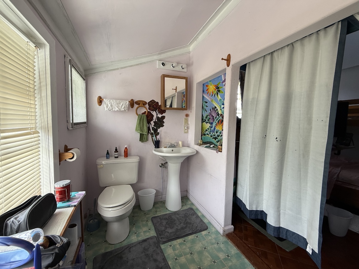 37 Mehau Lane Hilo, HI 96720 - Photo 14 of 24 a bathroom with a toilet sink and shower curtain