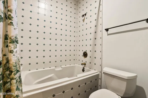 a bathroom with a bathtub and a toilet